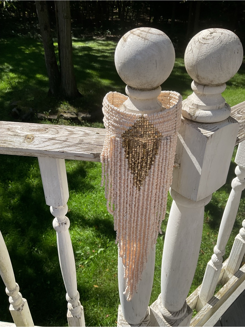 Beaded Fringe Statement Choker Necklace - Cream & Gold 17.5” long - Picture 7 of 7